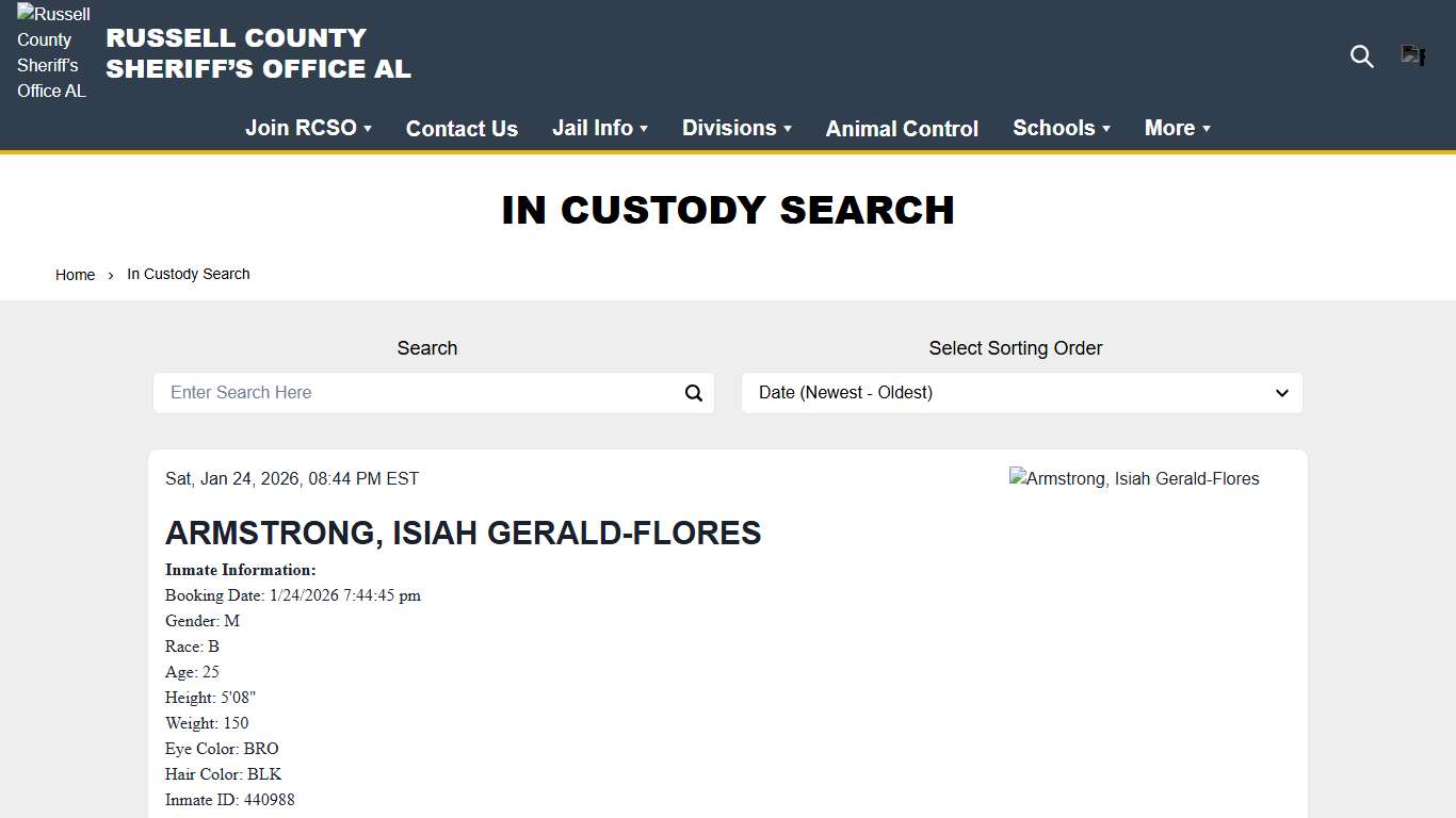 In Custody Search Russell County Sheriff’s Office AL